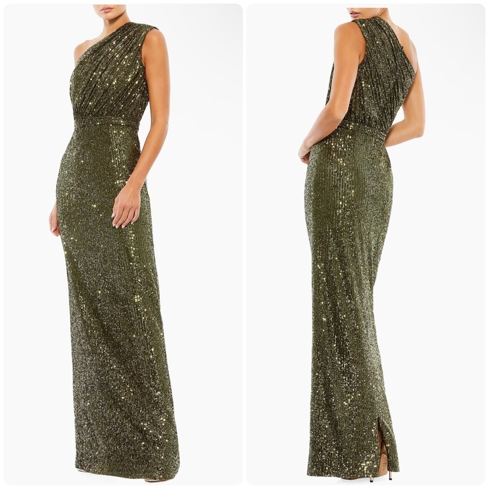 New! Mac Duggal Sequined Ruched One-Shoulder Maxi Gown 💚 size 4 NWT!